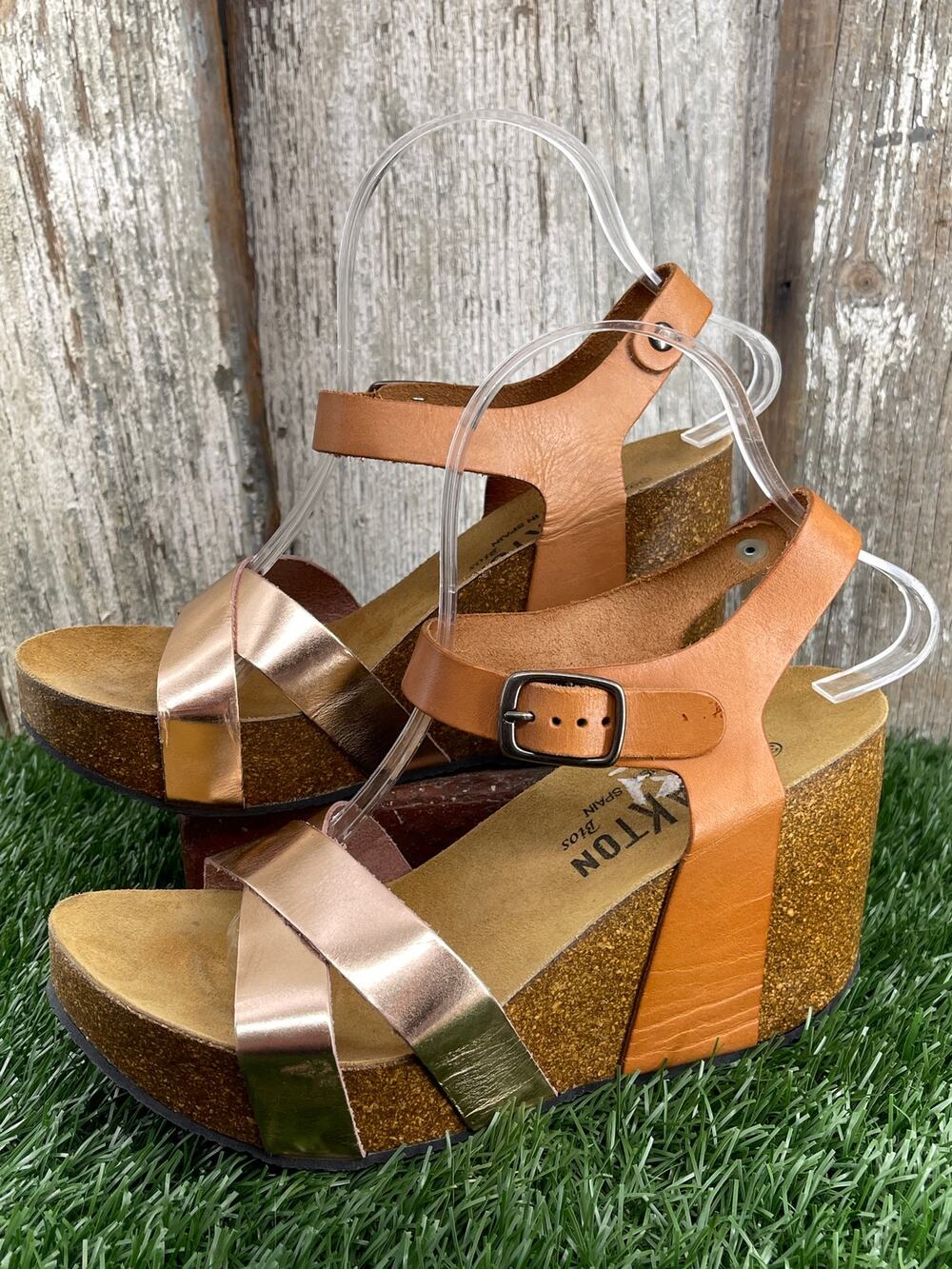 Plakton Platform Rose Gold Brown Leather Cork Wedge Shoes EU39 Women's US 8
